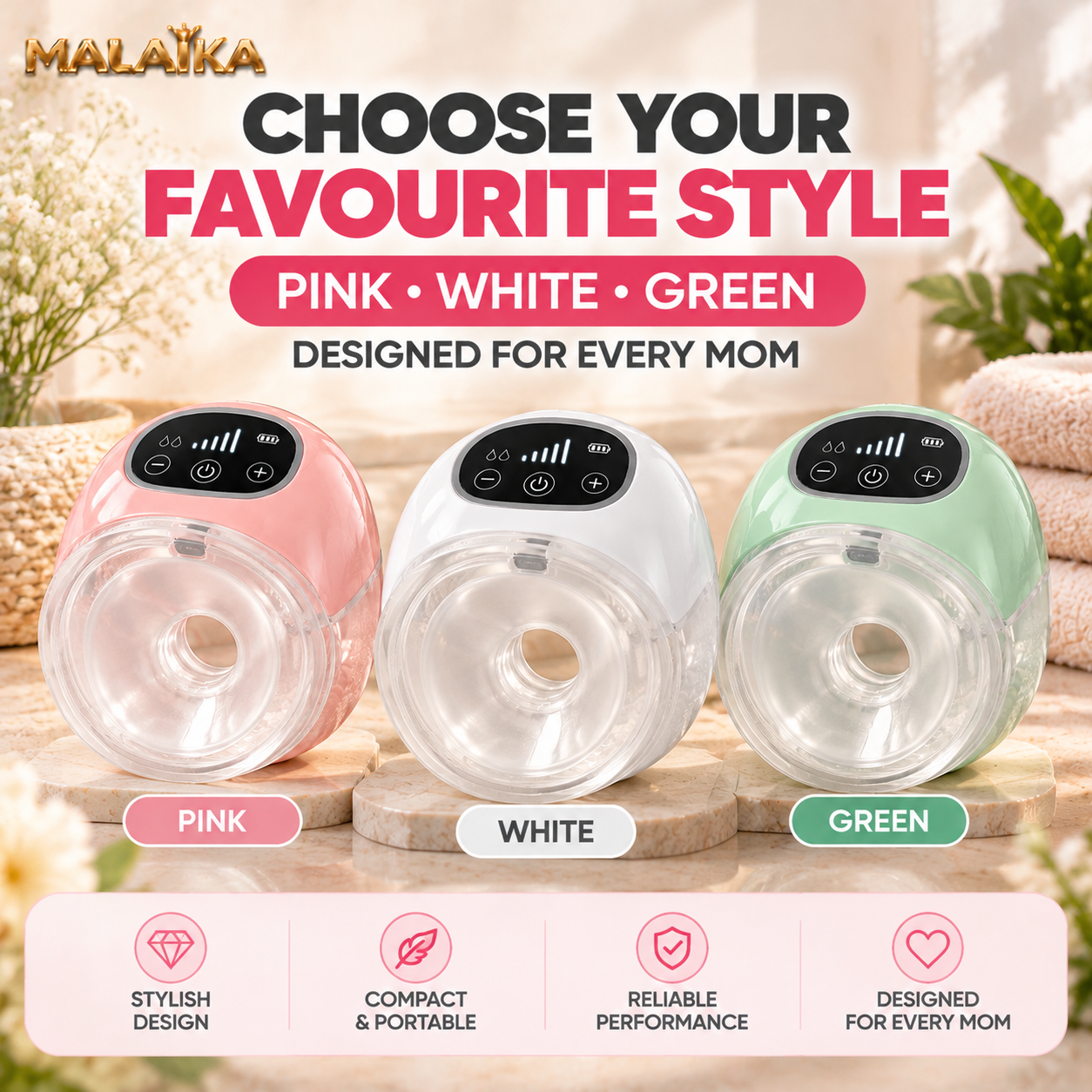 MALAIKA Smart Wearable Breast Pump, Hands Free Electric Breast Milk Extractor, Electric breast pump, Adjustable Suction Levels, Silent, LED Display, USB Powered, High Suction, BPA Free