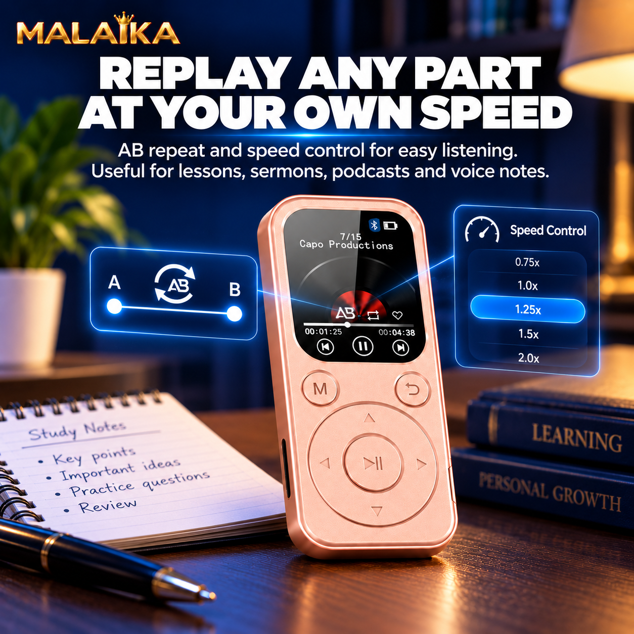 MALAIKA MP3 Player, Bluetooth MP3 Player, Portable Music Player, MP4 Player, FM Radio, Voice Recorder, Portable MP3, MP3 MP4 Player, Music MP3 Player, Digital Display, E Book Reader, MP3 Players