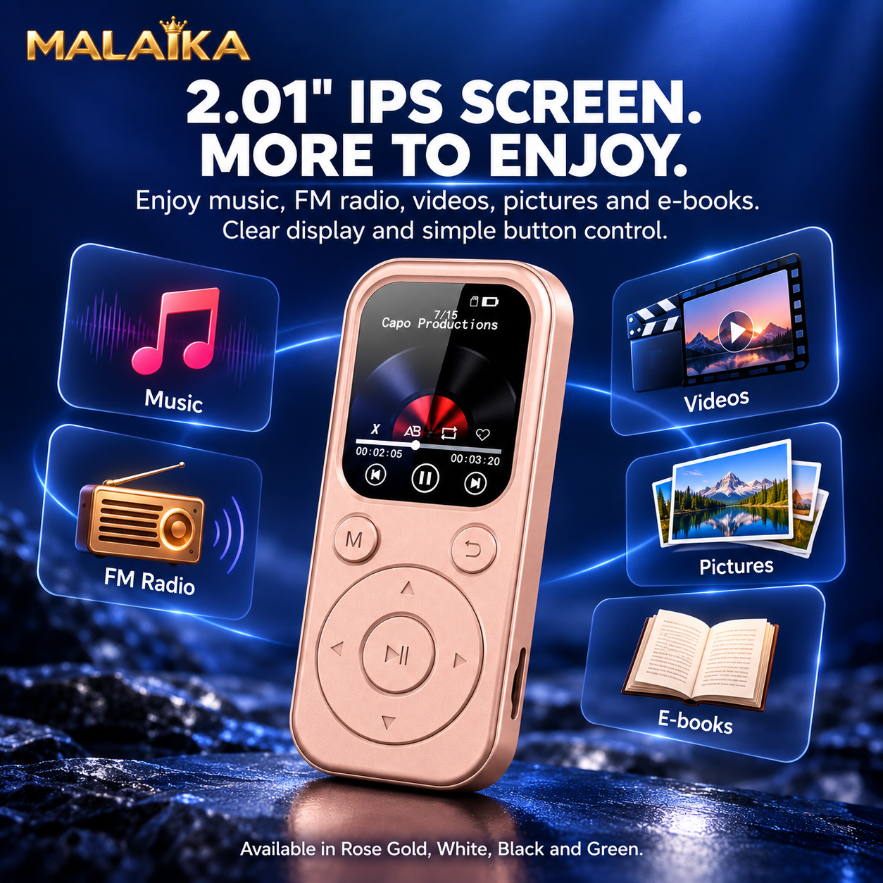 MALAIKA MP3 Player, Bluetooth MP3 Player, Portable Music Player, MP4 Player, FM Radio, Voice Recorder, Portable MP3, MP3 MP4 Player, Music MP3 Player, Digital Display, E Book Reader, MP3 Players