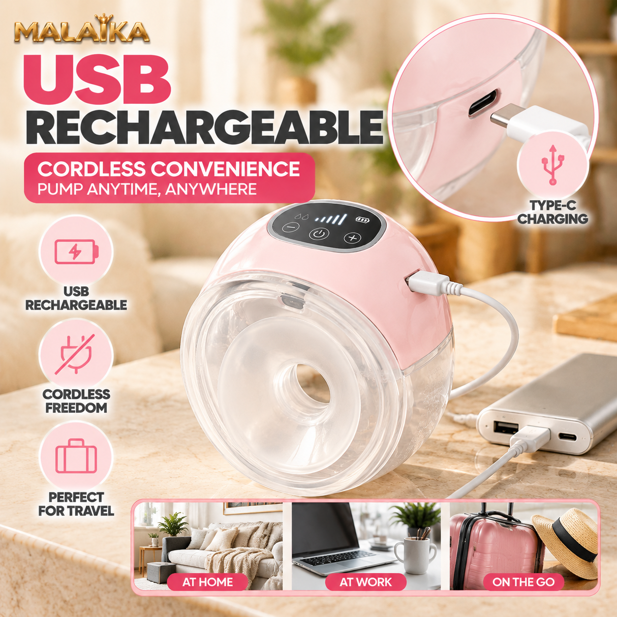 MALAIKA Smart Wearable Breast Pump, Hands Free Electric Breast Milk Extractor, Electric breast pump, Adjustable Suction Levels, Silent, LED Display, USB Powered, High Suction, BPA Free