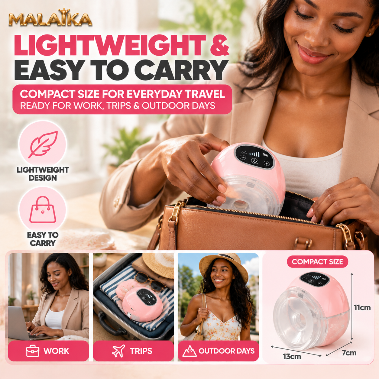 MALAIKA Smart Wearable Breast Pump, Hands Free Electric Breast Milk Extractor, Electric breast pump, Adjustable Suction Levels, Silent, LED Display, USB Powered, High Suction, BPA Free