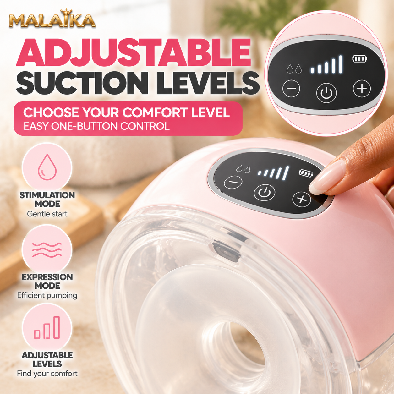 MALAIKA Smart Wearable Breast Pump, Hands Free Electric Breast Milk Extractor, Electric breast pump, Adjustable Suction Levels, Silent, LED Display, USB Powered, High Suction, BPA Free