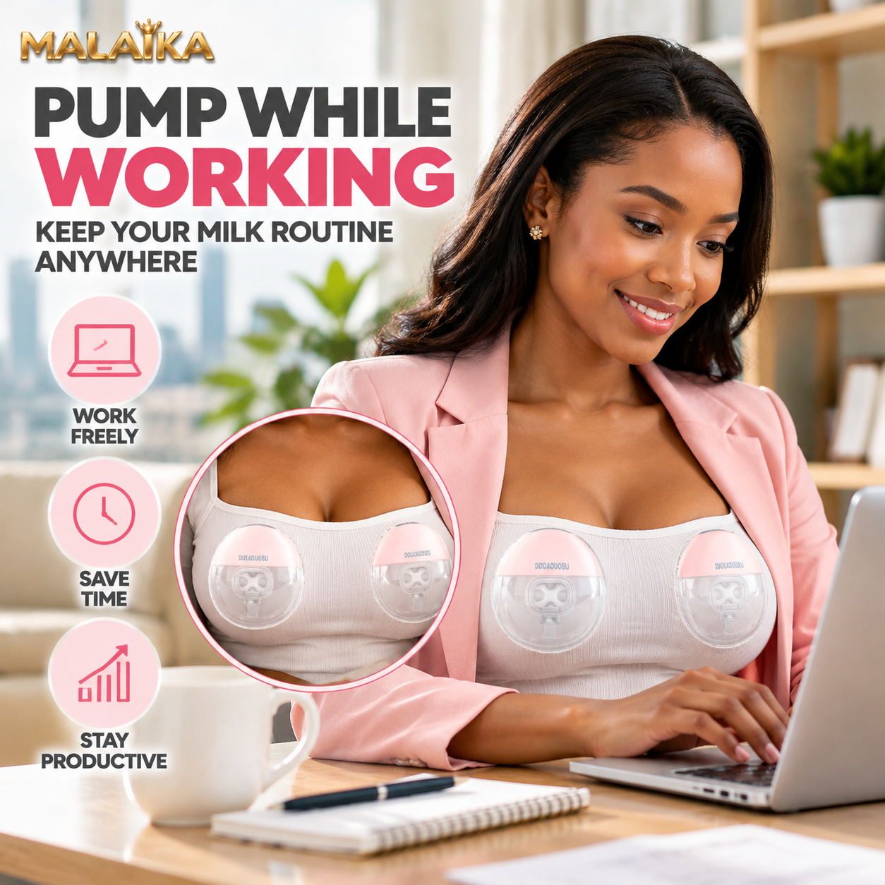MALAIKA Smart Wearable Breast Pump, Hands Free Electric Breast Milk Extractor, Electric breast pump, Adjustable Suction Levels, Silent, LED Display, USB Powered, High Suction, BPA Free