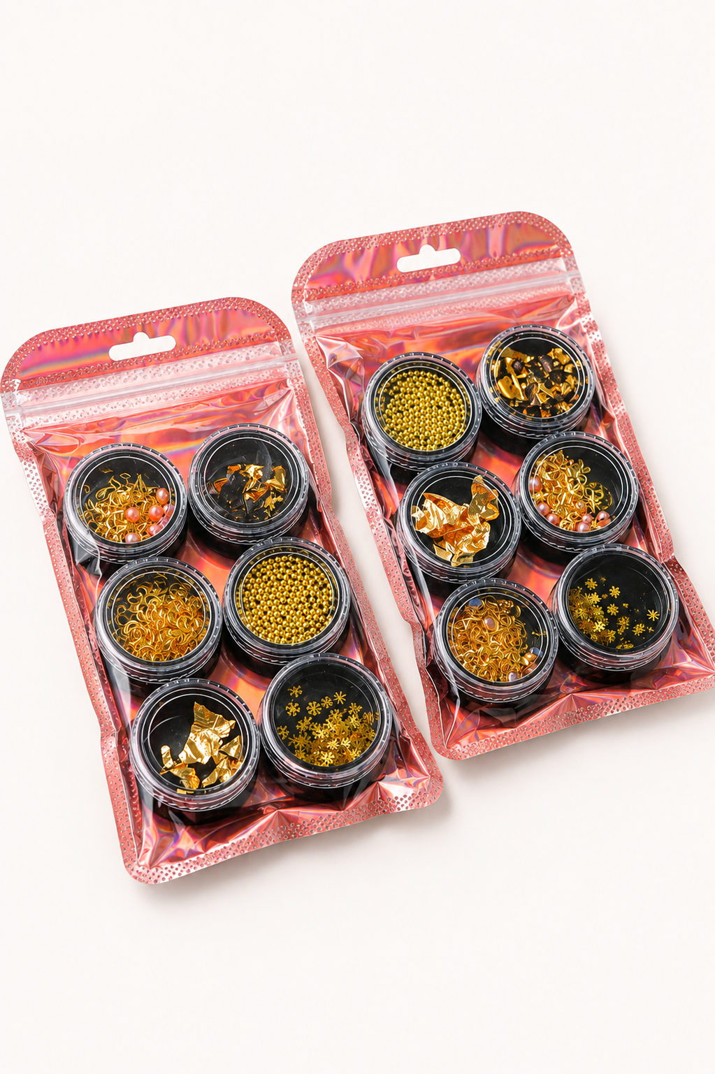 6-Piece Gold Nail Art Decoration Set – Mixed Metallic Charms, Foil & Beads view 2