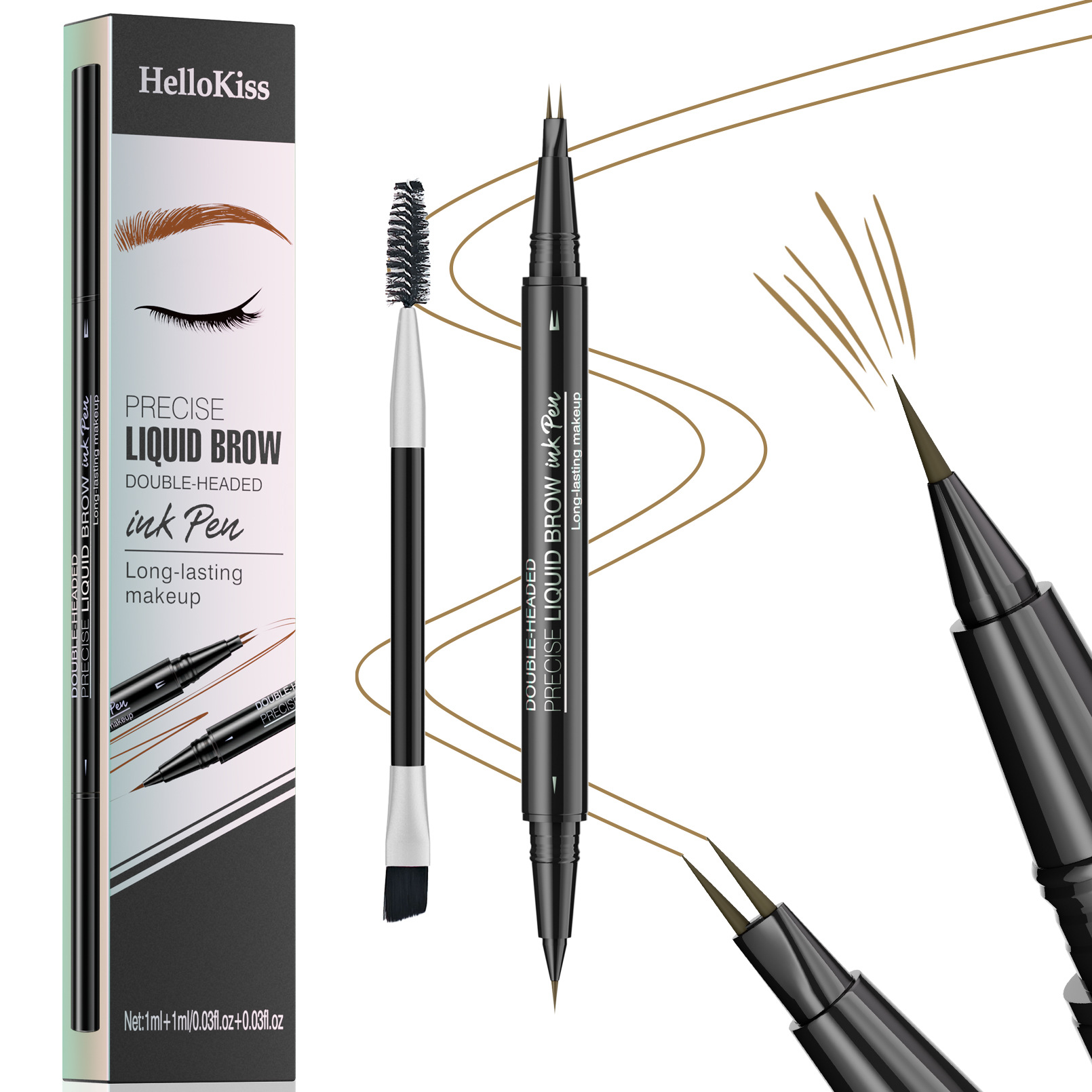 2-in-1 Set Dual-End Liquid Eyebrow Pencil + Separate Spiral Eyebrow Brush, Waterproof Long-Lasting Eyebrow Pen