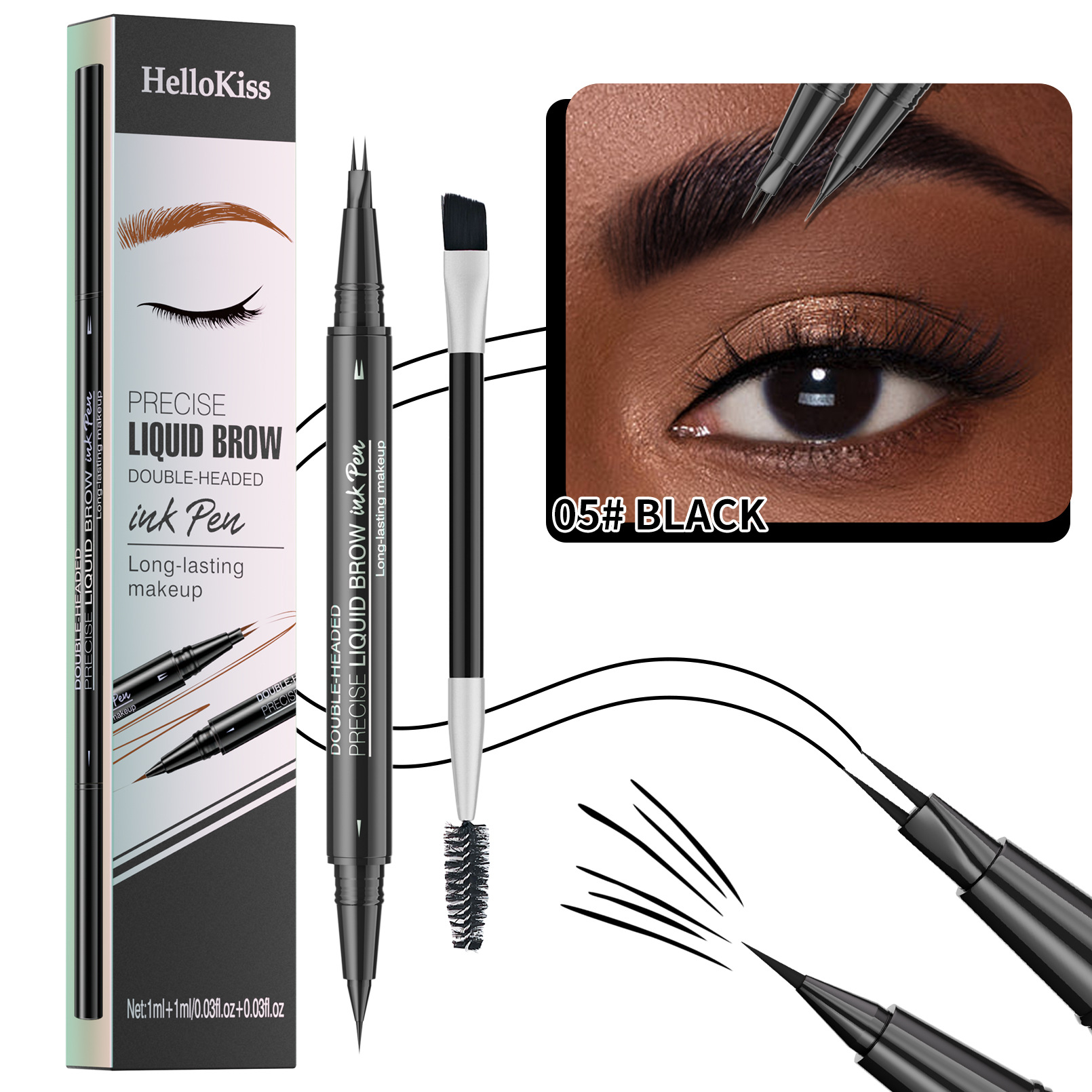 2-in-1 Set Dual-End Liquid Eyebrow Pencil + Separate Spiral Eyebrow Brush, Waterproof Long-Lasting Eyebrow Pen