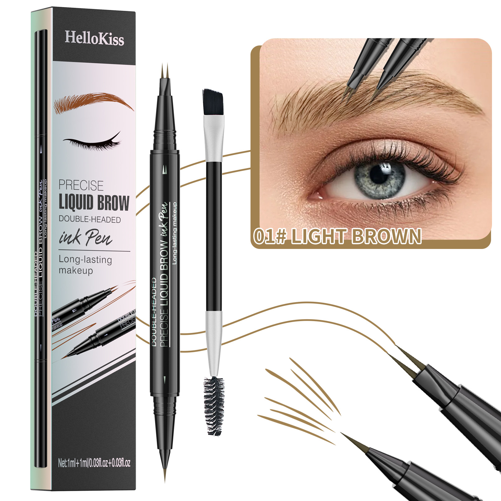 2-in-1 Set Dual-End Liquid Eyebrow Pencil + Separate Spiral Eyebrow Brush, Waterproof Long-Lasting Eyebrow Pen