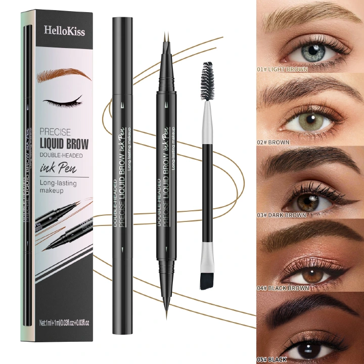 2-in-1 Set Dual-End Liquid Eyebrow Pencil + Separate Spiral Eyebrow Brush, Waterproof Long-Lasting Eyebrow Pen