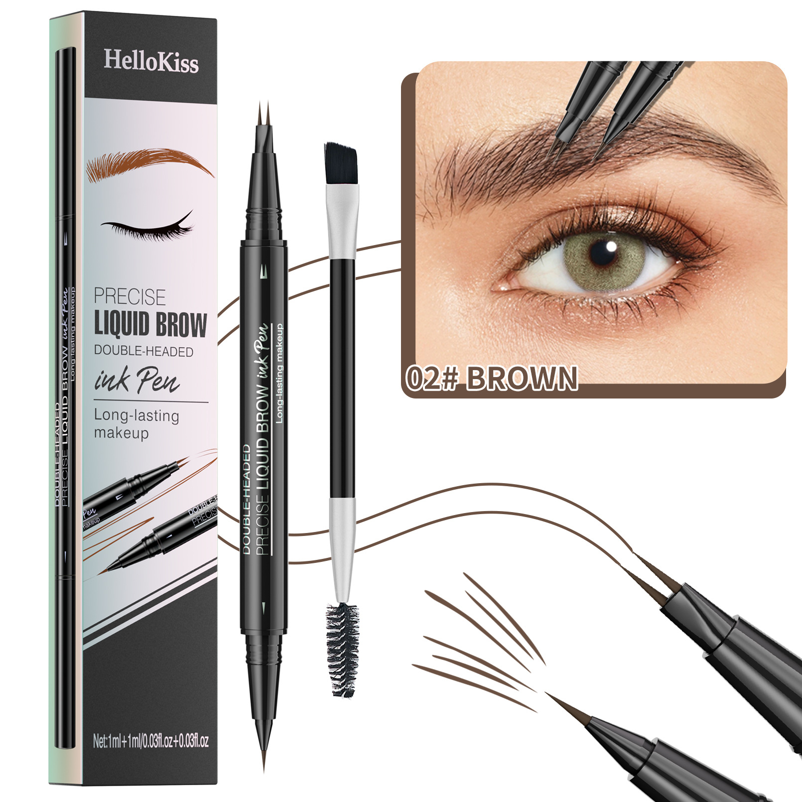 2-in-1 Set Dual-End Liquid Eyebrow Pencil + Separate Spiral Eyebrow Brush, Waterproof Long-Lasting Eyebrow Pen