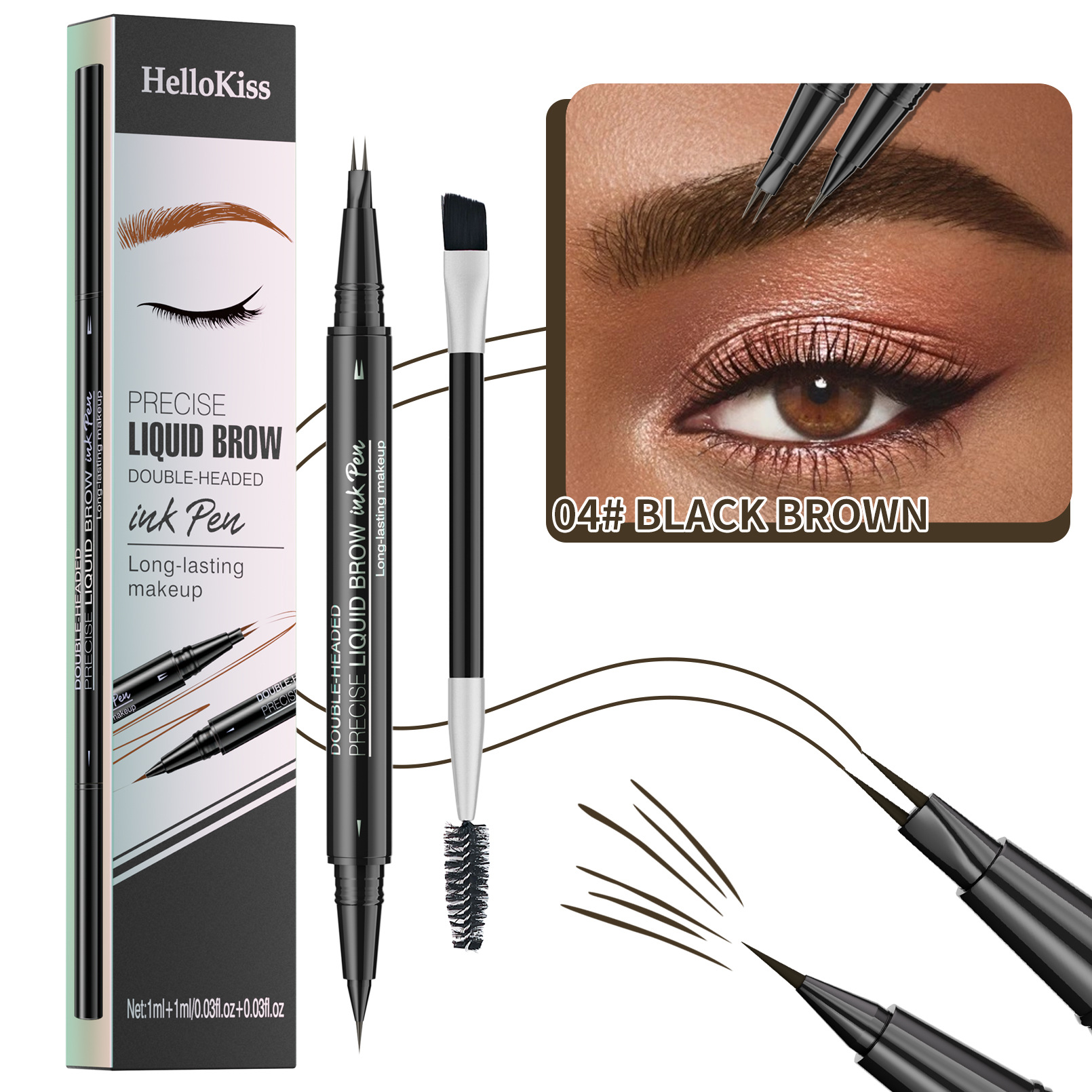 2-in-1 Set Dual-End Liquid Eyebrow Pencil + Separate Spiral Eyebrow Brush, Waterproof Long-Lasting Eyebrow Pen