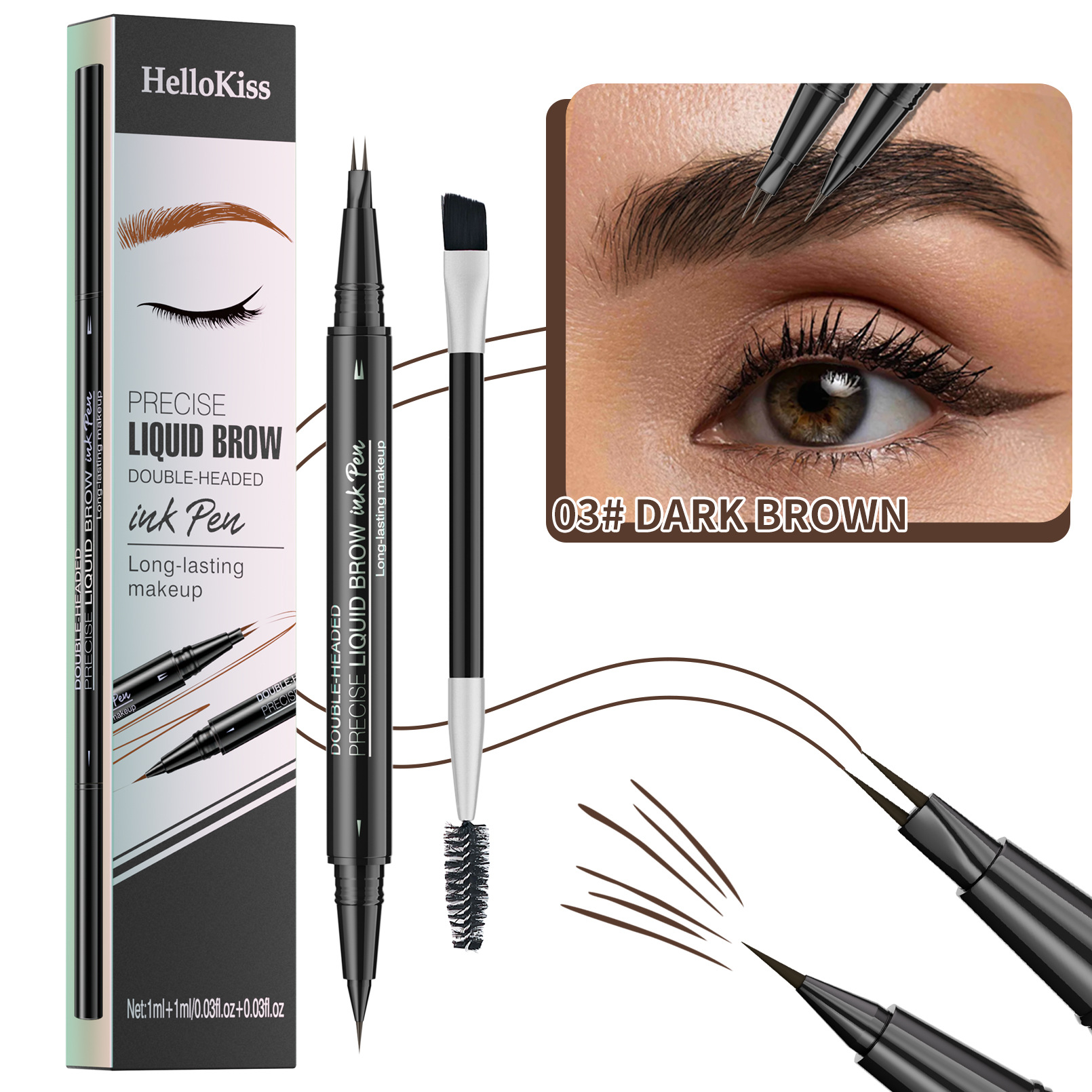 2-in-1 Set Dual-End Liquid Eyebrow Pencil + Separate Spiral Eyebrow Brush, Waterproof Long-Lasting Eyebrow Pen