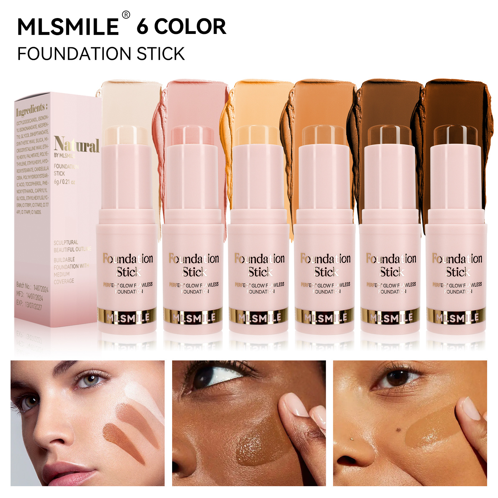 6-Color Foundation Stick Waterproof Sweat-Resistant Brightening and Contouring Concealer Stick with Lightweight Matte Finish Face Make Up Valentine’s Day Gift