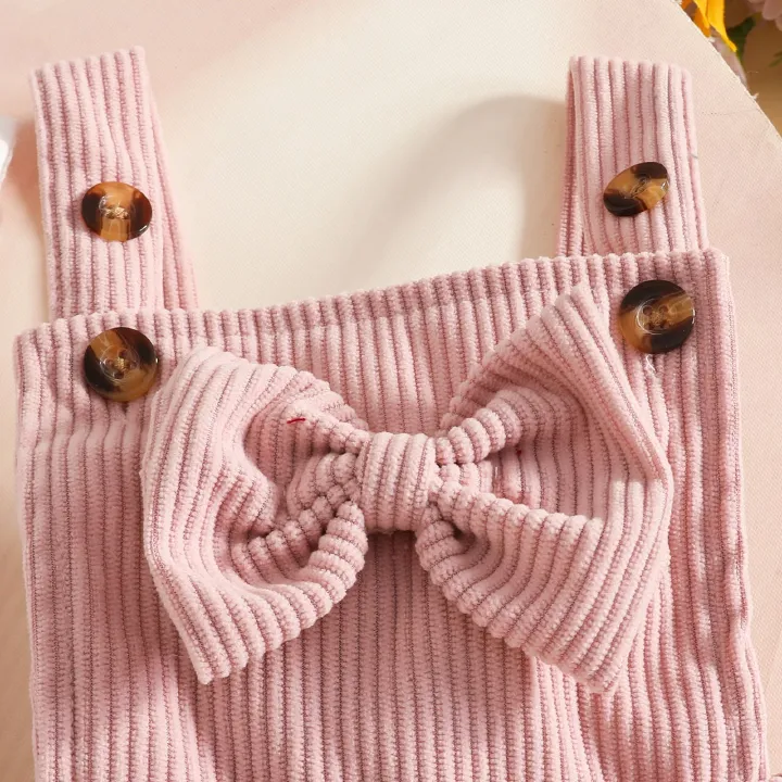 Baby Girl 3-Piece Set, Ribbed Short Sleeve Bodysuit, Bow Corduroy Pinafore Dress, with Headband