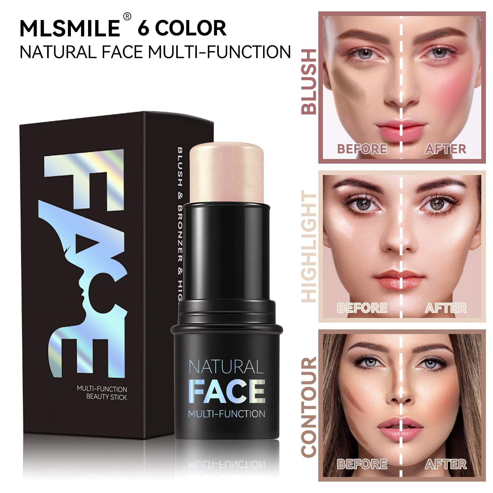 Multifunctional Face Contour Stick, Highlighter Blush Bronzer Stick Natural 3D Shaping Makeup Stick for Women