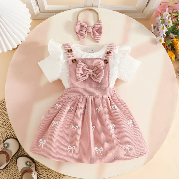 Baby Girl 3-Piece Set, Ribbed Short Sleeve Bodysuit, Bow Corduroy Pinafore Dress, with Headband
