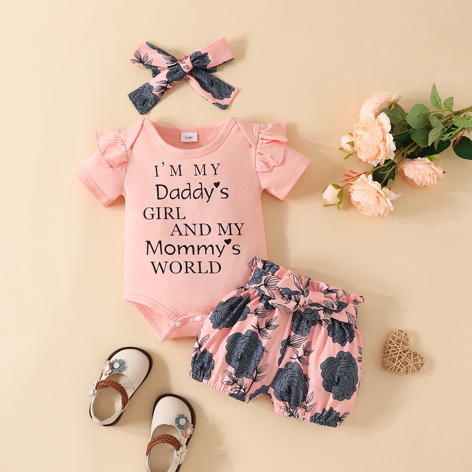Baby Girl Summer 3-Piece Set, Short Sleeve Letter Print Bodysuit + Floral Shorts + Matching Headband, Newborn Clothes
