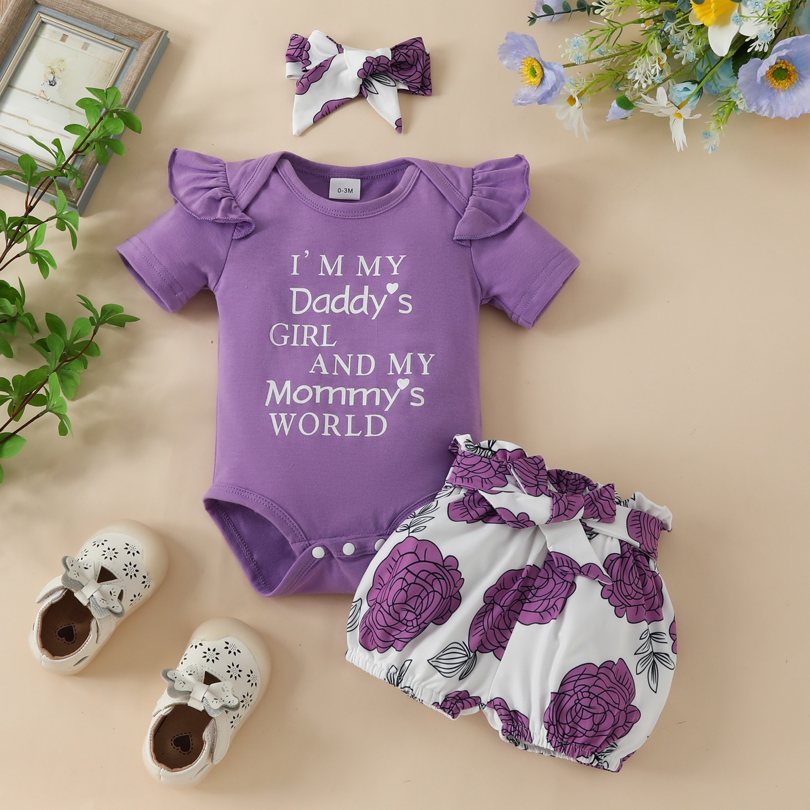 Baby Girl Summer 3-Piece Set, Short Sleeve Letter Print Bodysuit + Floral Shorts + Matching Headband, Newborn Clothes