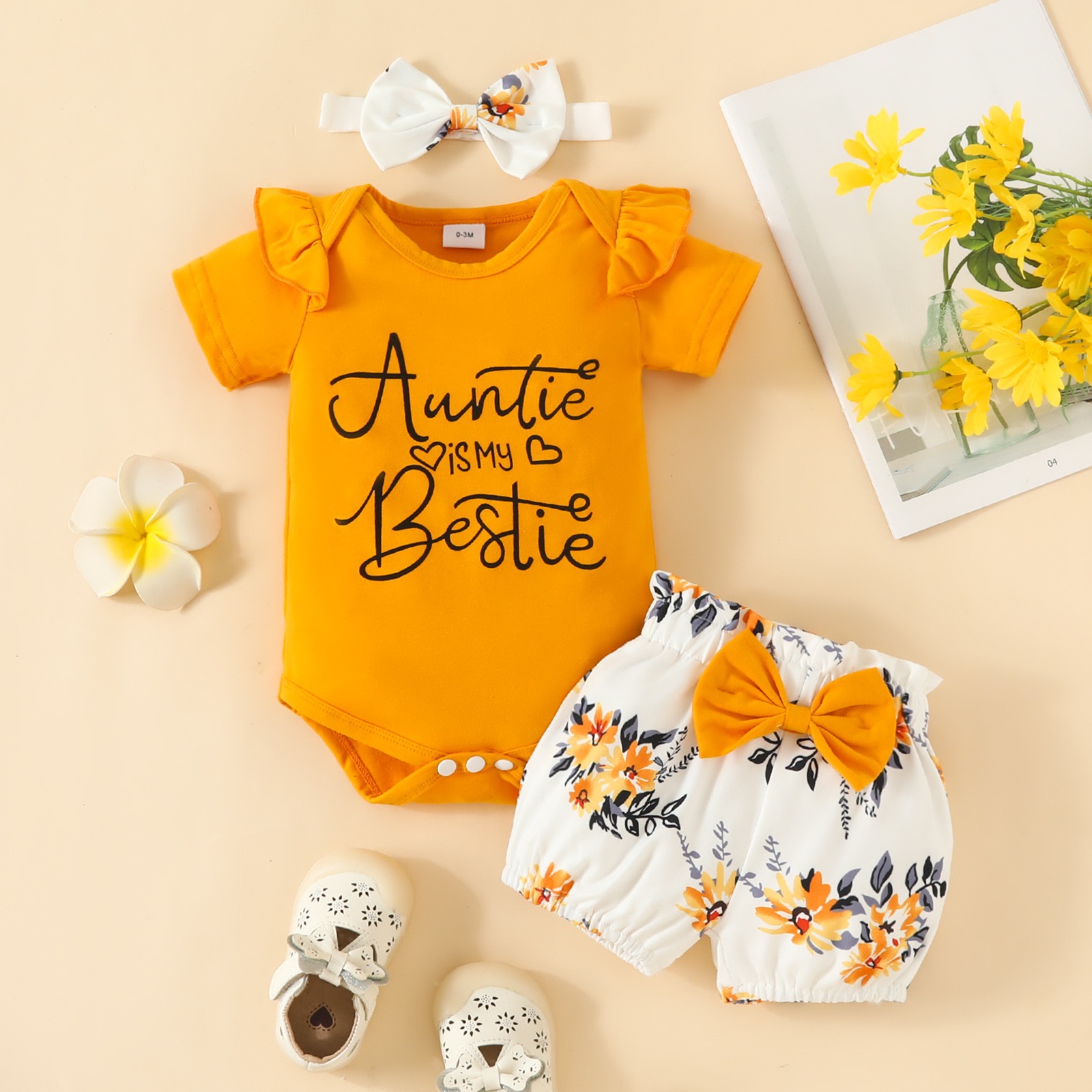 Baby Girl Summer 3-Piece Set, Short Sleeve Letter Print Bodysuit + Floral Shorts + Matching Headband, Newborn Clothes