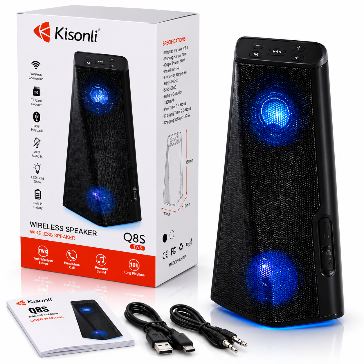 Kisonli Q8S Bluetooth Speaker 10W – Portable Wireless Super Bass Speaker with RGB Lights
