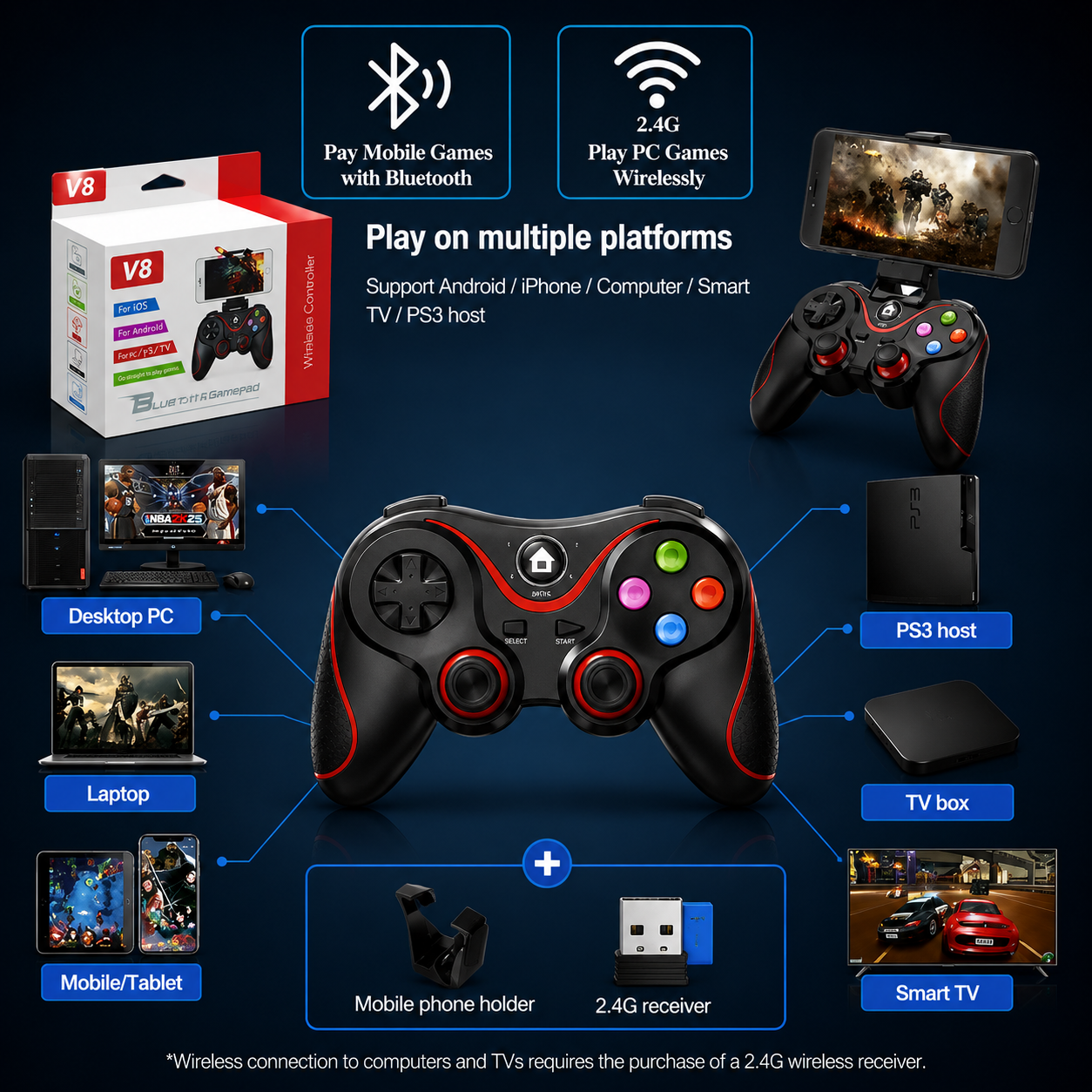 V8 Wireless Bluetooth Gamepad Controller – Mobile Gaming Controller for Android, iOS, PC & PS3