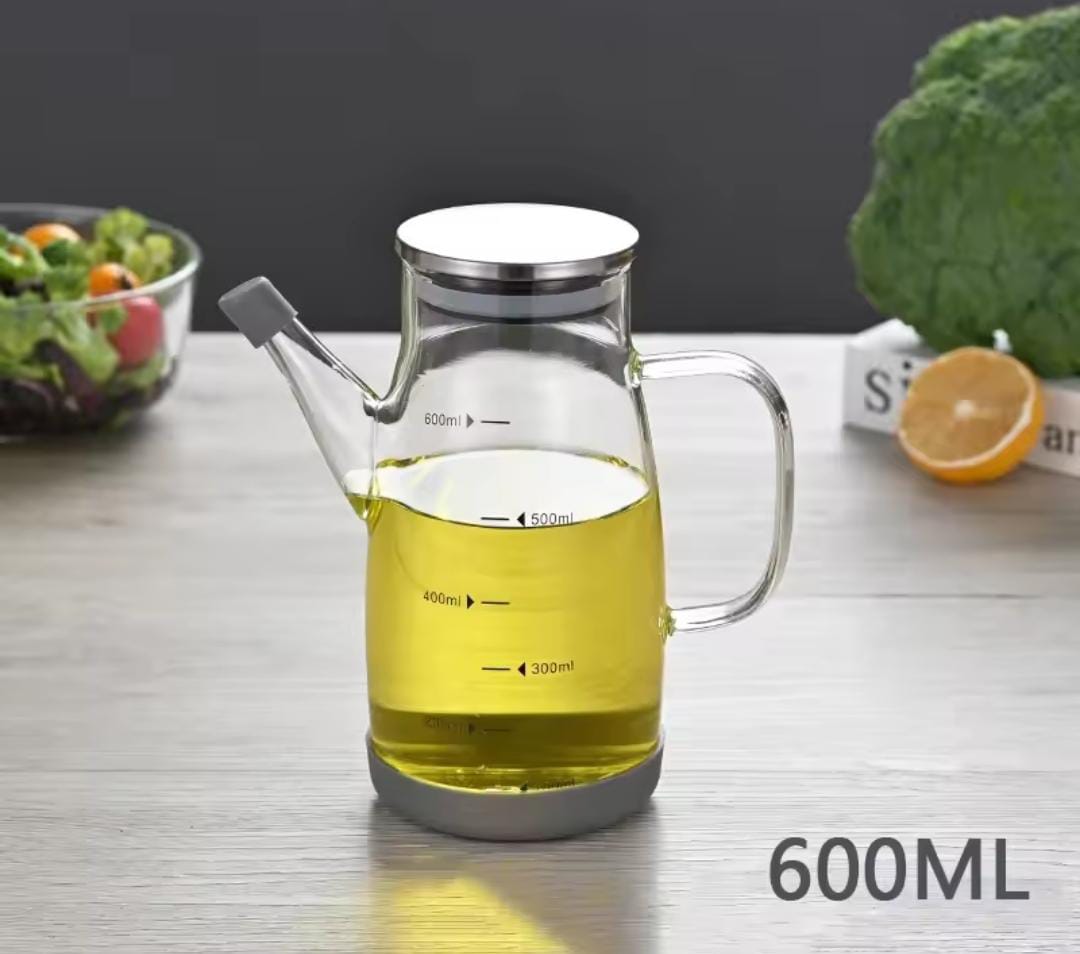 High Quality 600ml High Borosilicate Glass Oil Bottle - Durable Kitchen Oil Cruet with Stainless Steel Lid for Olive Oil, Vinegar, Cooking Oil & Condiment Storage