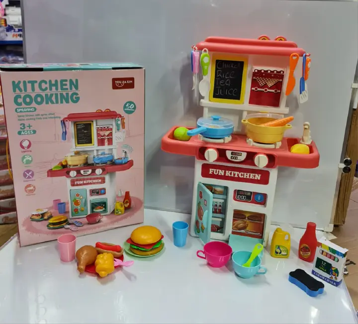 50pcs Big Kitchen Set for Kids Pretend Play Toy Cooking Set with Music Lights Water Spray Mist Interactive Kitchen Accessories Role Play Educational Gift