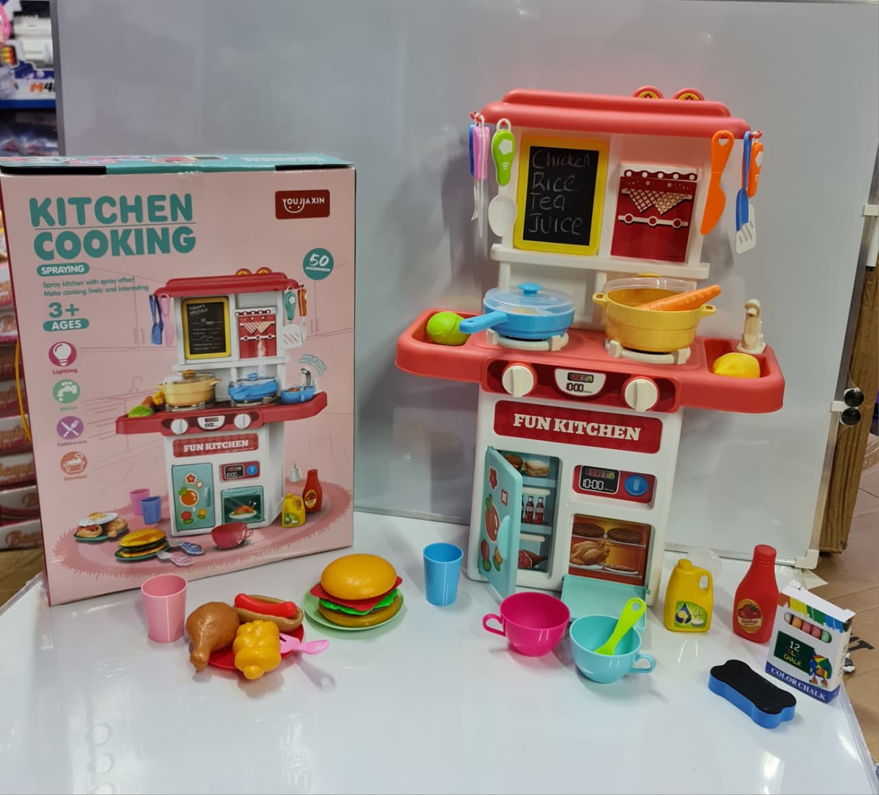 50pcs Big Kitchen Set for Kids Pretend Play Toy Cooking Set with Music Lights Water Spray Mist Interactive Kitchen Accessories Role Play Educational Gift