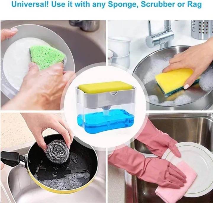 Liquid Soap Dispenser Sponge Holder 2 in 1 Dish Soap Pump Countertop Sink Organizer 385ml Soap Dispenser Sponge Caddy Kitchen Washing Cleaning Storage