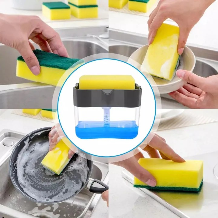 Liquid Soap Dispenser Sponge Holder 2 in 1 Dish Soap Pump Countertop Sink Organizer 385ml Soap Dispenser Sponge Caddy Kitchen Washing Cleaning Storage