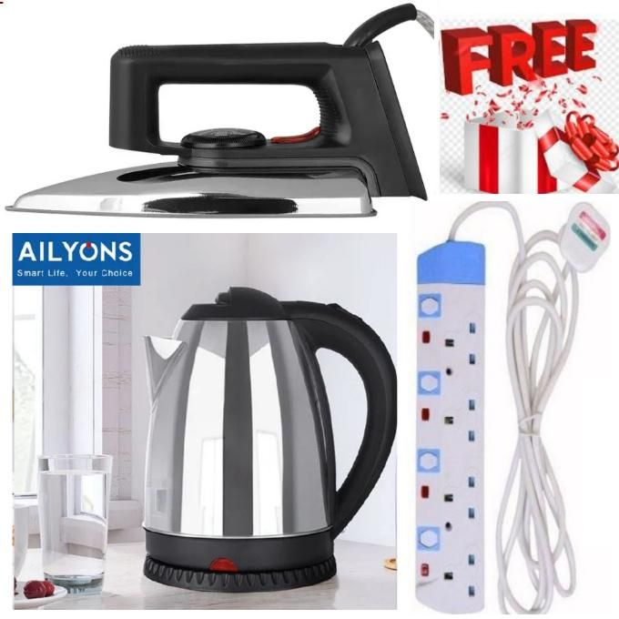 AILYONS Affordable Electric 4 Way Power Extension Cable Socket With Safety Switches + EXTRA BONUS Electric Water Boiler Jug – Safe & Quick Heating & Electric Dry Iron Box 1000W With Titanium Teflon No