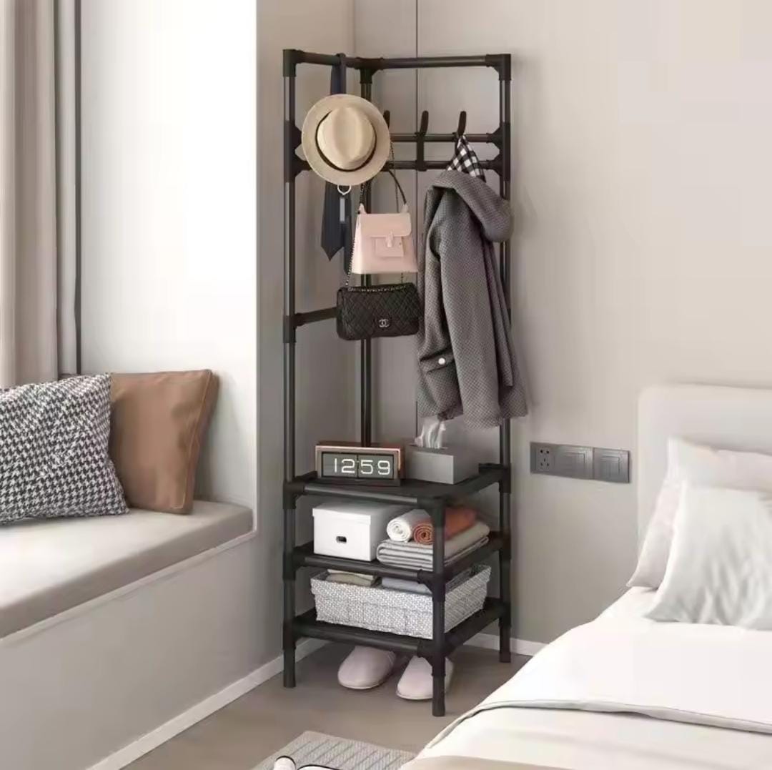 Multifunctional Metallic Corner Coat Hanging Rack | Space-Saving Corner Clothes Stand | Heavy Duty Coat & Hat Organizer with Hooks