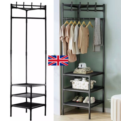 Multifunctional Metallic Corner Coat Hanging Rack | Space-Saving Corner Clothes Stand | Heavy Duty Coat & Hat Organizer with Hooks