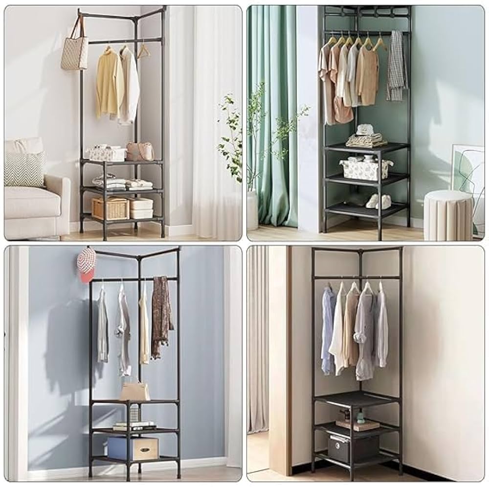 Multifunctional Metallic Corner Coat Hanging Rack | Space-Saving Corner Clothes Stand | Heavy Duty Coat & Hat Organizer with Hooks