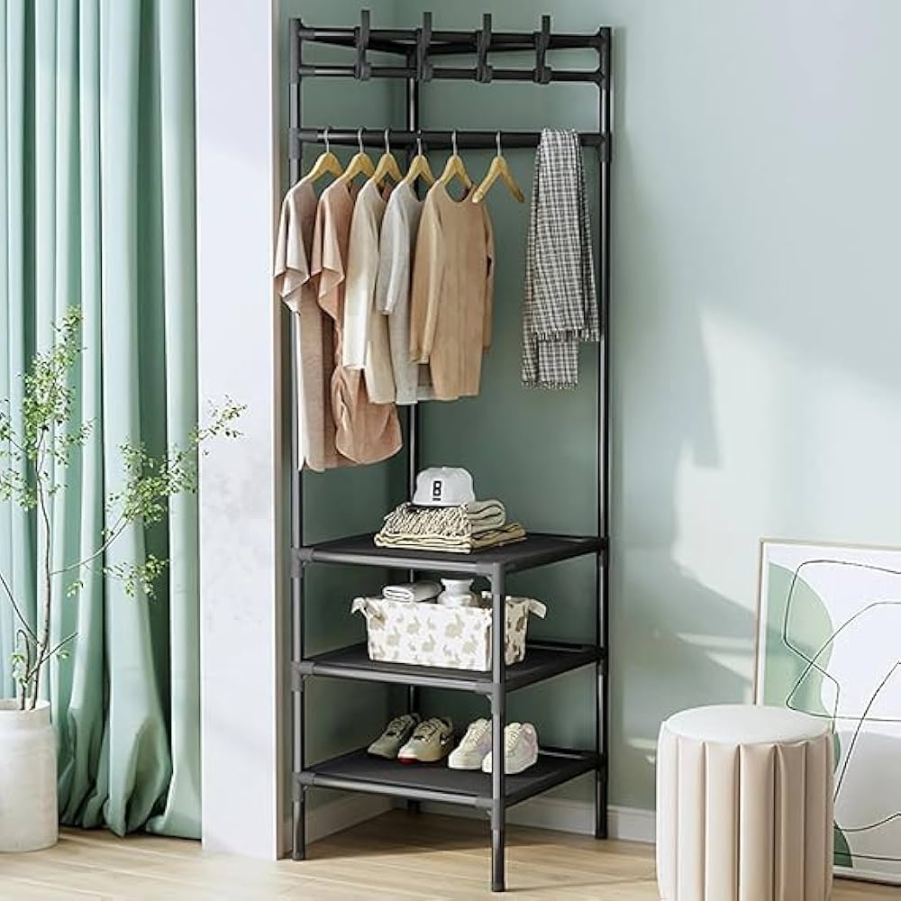 Multifunctional Metallic Corner Coat Hanging Rack | Space-Saving Corner Clothes Stand | Heavy Duty Coat & Hat Organizer with Hooks