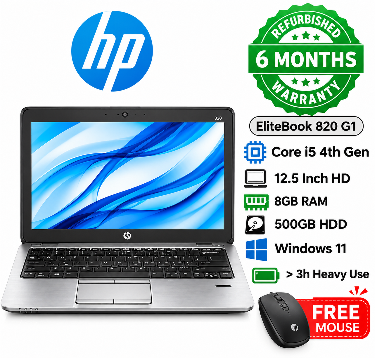 HP EliteBook 820 G1 Core i5 Refurbished Laptop | 8GB RAM | 500GB HDD | Windows 11 | 12.5" HD | FREE Mouse
