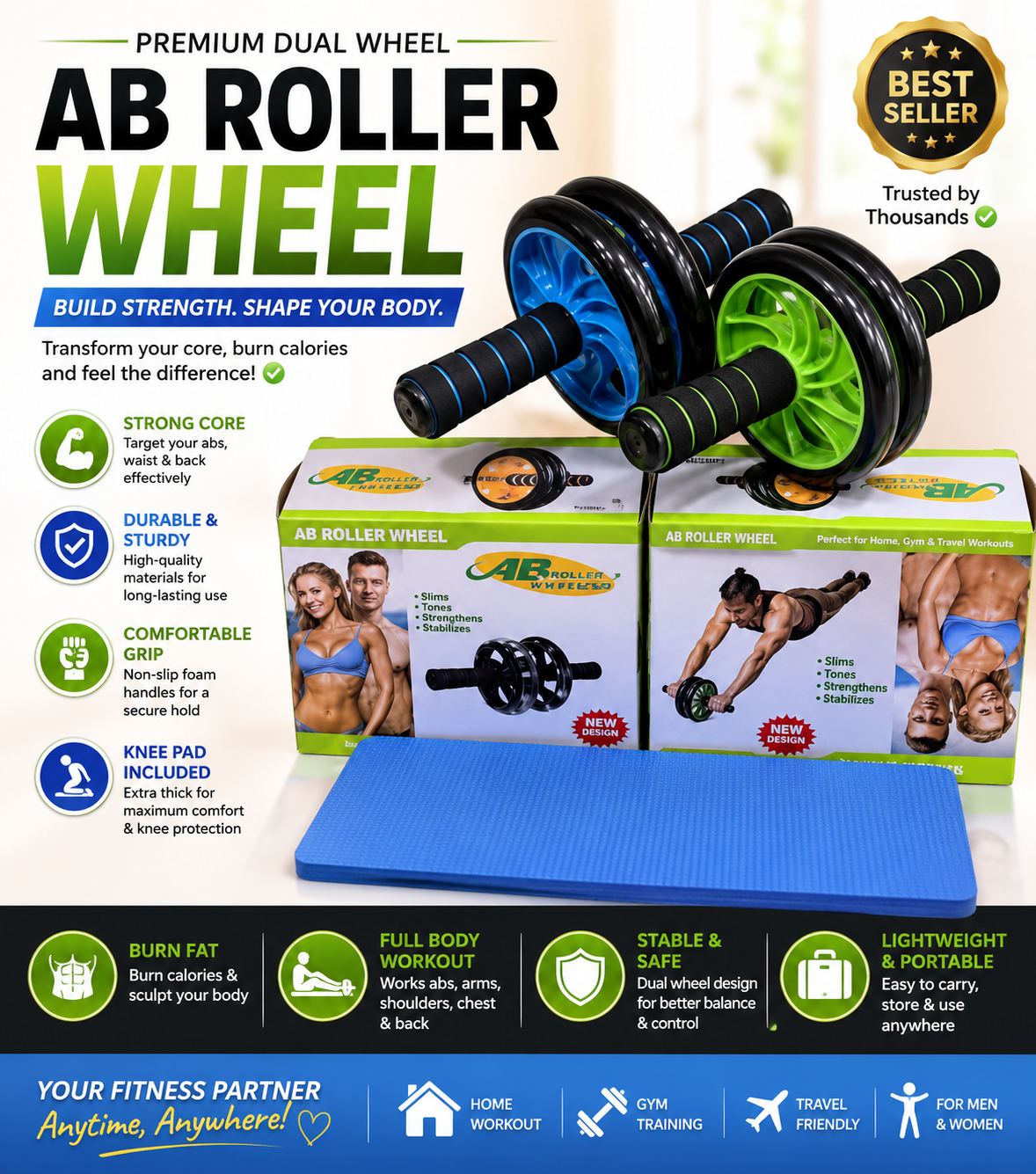 💪🔥 AB Roller Wheel with Knee Pad – Premium Dual Wheel Abdominal Exercise Roller for Home Gym | Strengthens Core, Abs, Arms, Shoulders & Back | Non-Slip, Heavy-Duty Fitness Equipment for Men & Women