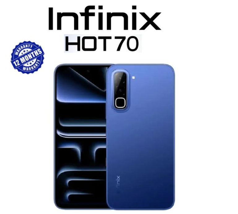 Infinix Hot 70 4GB RAM +128 ROM Powered by the MediaTek Helio G100 Ultimate processor with a  large 6000mAh battery with 45W fast charging
