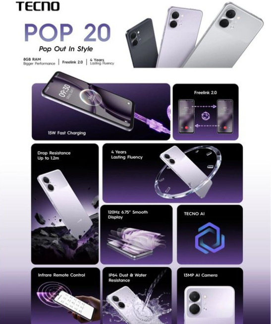 Tecno POP 20 128 GB ROM UPTO 8GB(4+4GB) RAM 6 inch display upto 1.2m drop resistance 120Hz refresh rate smartphones smart phone Rear Camera: 13MP Dual rear camera with Dual Flash