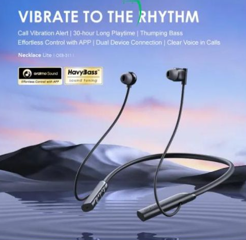 Oraimo OEB-311 Necklace Lite Wireless Bluetooth Headphones with Call Vibration Alerts, 30-Hour Playtime, Dual Device Connectivity, Noise Cancellation and Low Latency Gaming Mode
