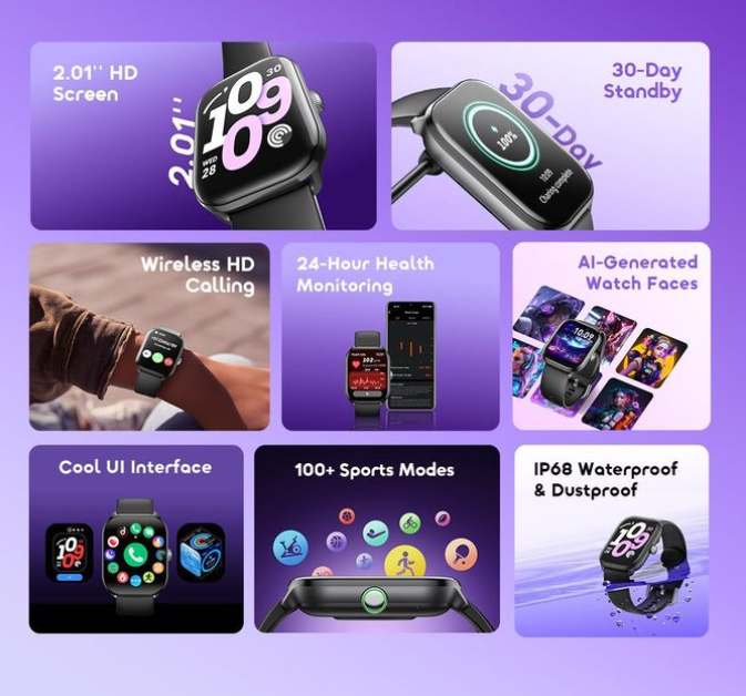 Oraimo Watch 6 Lite OSW-809, 2.01'' Smart Watch With Cool UI Interface, 2.01" HD Full Touch Screen, 30-Day Standby Time, AI-Generated Watch Faces, Anti-Scratch Panda Glass with 30-Day Standby power