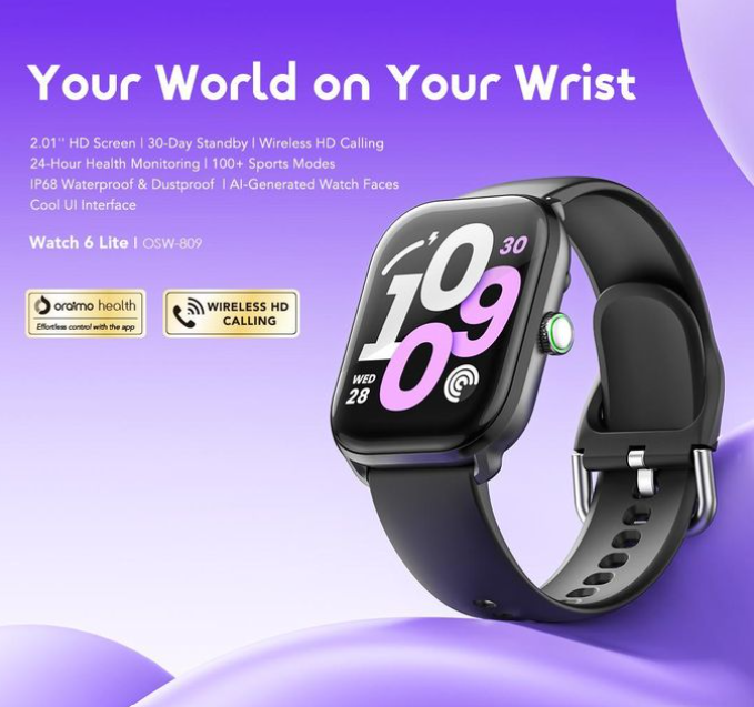Oraimo Watch 6 Lite OSW-809, 2.01'' Smart Watch With Cool UI Interface, 2.01" HD Full Touch Screen, 30-Day Standby Time, AI-Generated Watch Faces, Anti-Scratch Panda Glass with 30-Day Standby power