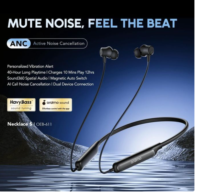 Oraimo Necklace 5 - OEB-611, Tuned noise cancellation, long playtime Up to 40 hours , wireless headphone, 260MAh, 10m ,Dual Device connection , IPX4 Water Resistance- Black