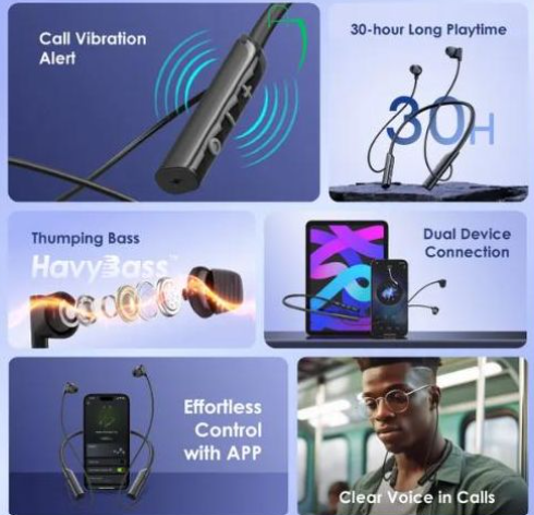 Oraimo OEB-311 Necklace Lite Wireless Bluetooth Headphones with Call Vibration Alerts, 30-Hour Playtime, Dual Device Connectivity, Noise Cancellation and Low Latency Gaming Mode