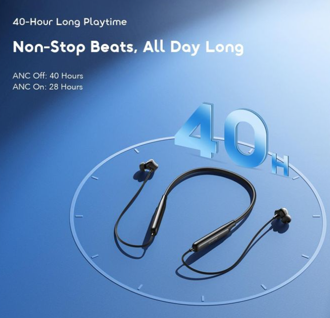 Oraimo Necklace 5 - OEB-611, Tuned noise cancellation, long playtime Up to 40 hours , wireless headphone, 260MAh, 10m ,Dual Device connection , IPX4 Water Resistance- Black