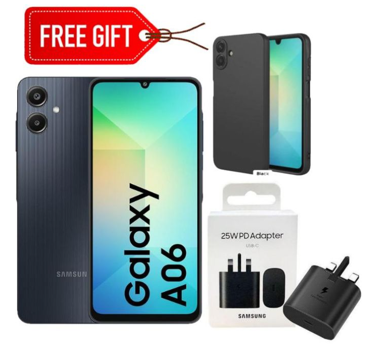 Samsung A06 4GB RAM +128 R0M  supports fast charging, allowing you to recharge the battery quickly. It comes with a 25W wired adapter for quick recharging,Large edge-to-edge display for immersive view