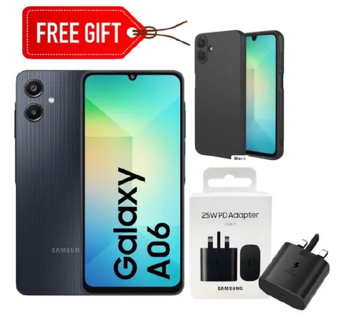 Samsung A06 4GB RAM +128 R0M  supports fast charging, allowing you to recharge the battery quickly. It comes with a 25W wired adapter for quick recharging,Large edge-to-edge display for immersive view