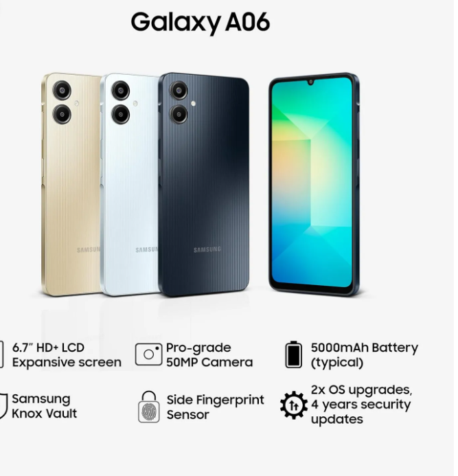 Samsung A06 4GB RAM +128 R0M  supports fast charging, allowing you to recharge the battery quickly. It comes with a 25W wired adapter for quick recharging,Large edge-to-edge display for immersive view