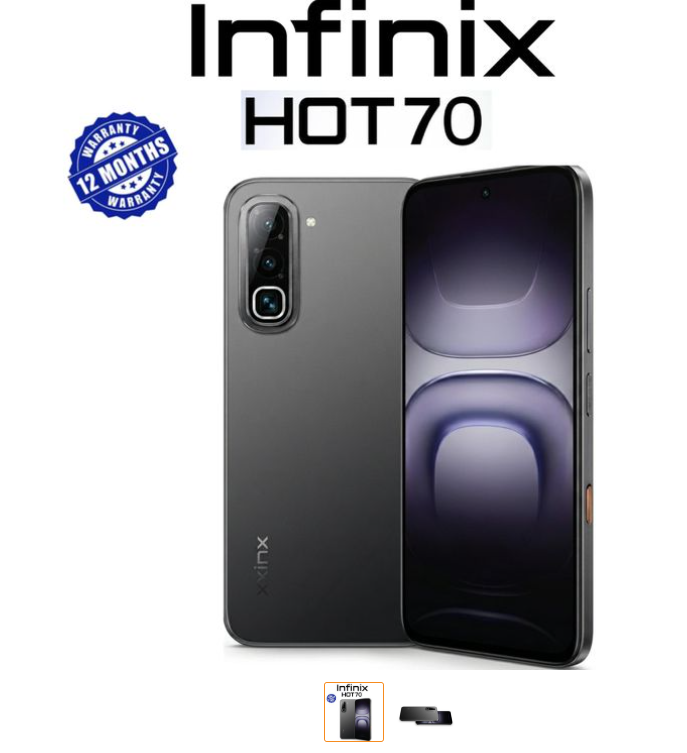Infinix Hot 70 4GB RAM +128 ROM Powered by the MediaTek Helio G100 Ultimate processor with a  large 6000mAh battery with 45W fast charging