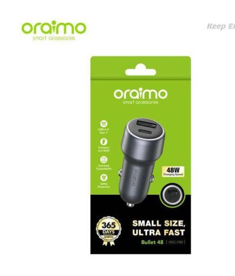 Oraimo Bullet 48, 48W Car Charger small size, ultra fast USB A & TYPE C Compatible with Apple and Android smart phones, tablets and other USB-charged devices.