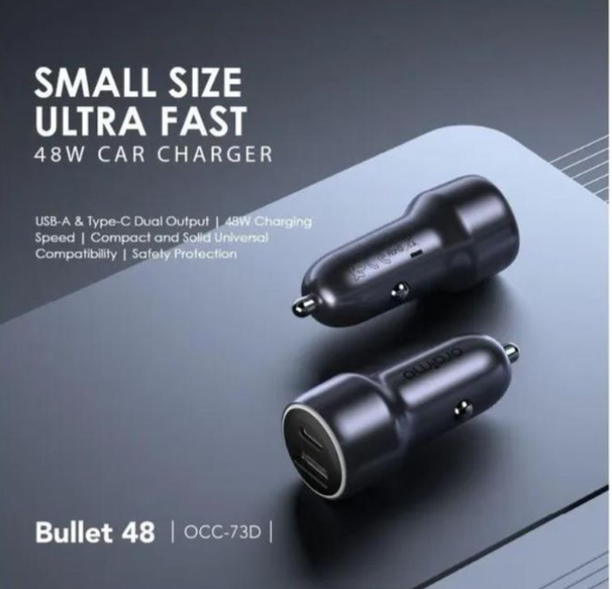 Oraimo Bullet 48, 48W Car Charger small size, ultra fast USB A & TYPE C Compatible with Apple and Android smart phones, tablets and other USB-charged devices.